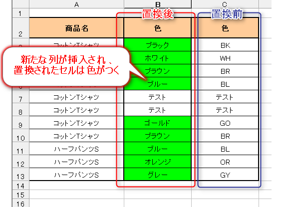 エクセルvbaで連続置換時に置換前と後の文字列を比較する方法